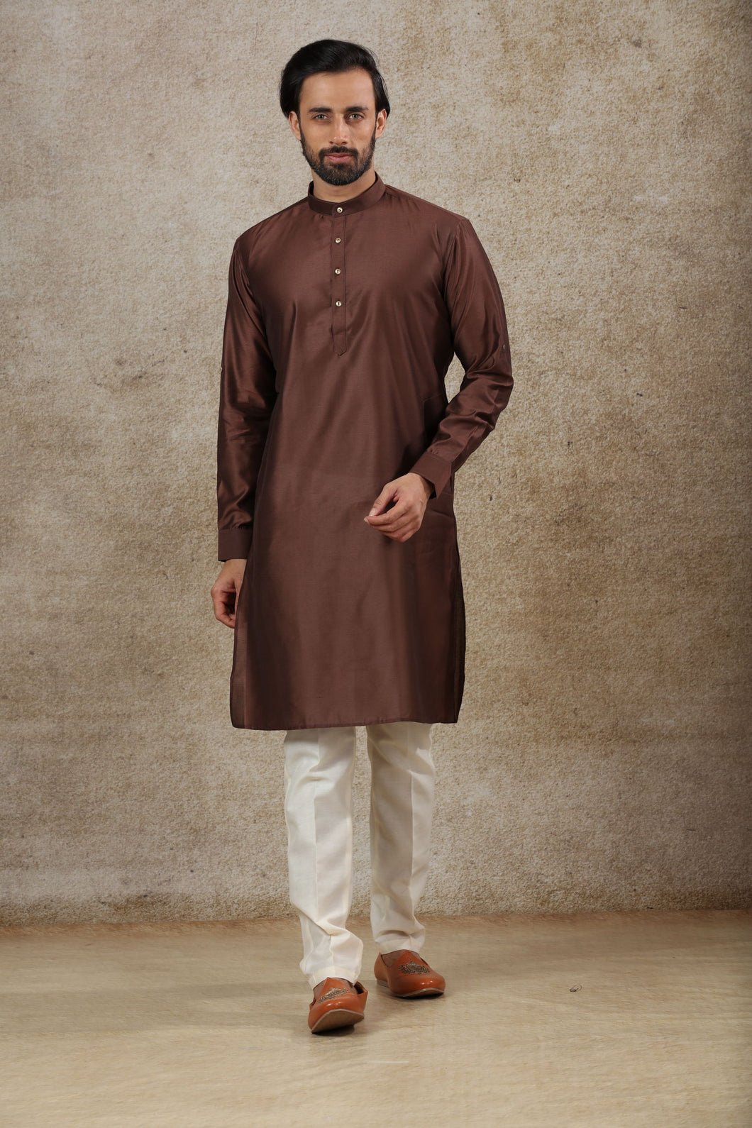 Ajay Arvindbhai Khatri Men's Brown Colour Kurta & White Color Pyjama Set