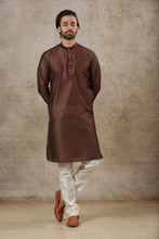 Load image into Gallery viewer, Ajay Arvindbhai Khatri Men&#39;s Brown Colour Kurta &amp; White Color Pyjama Set
