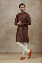 Load image into Gallery viewer, Ajay Arvindbhai Khatri Men&#39;s Brown Colour Kurta &amp; White Color Pyjama Set
