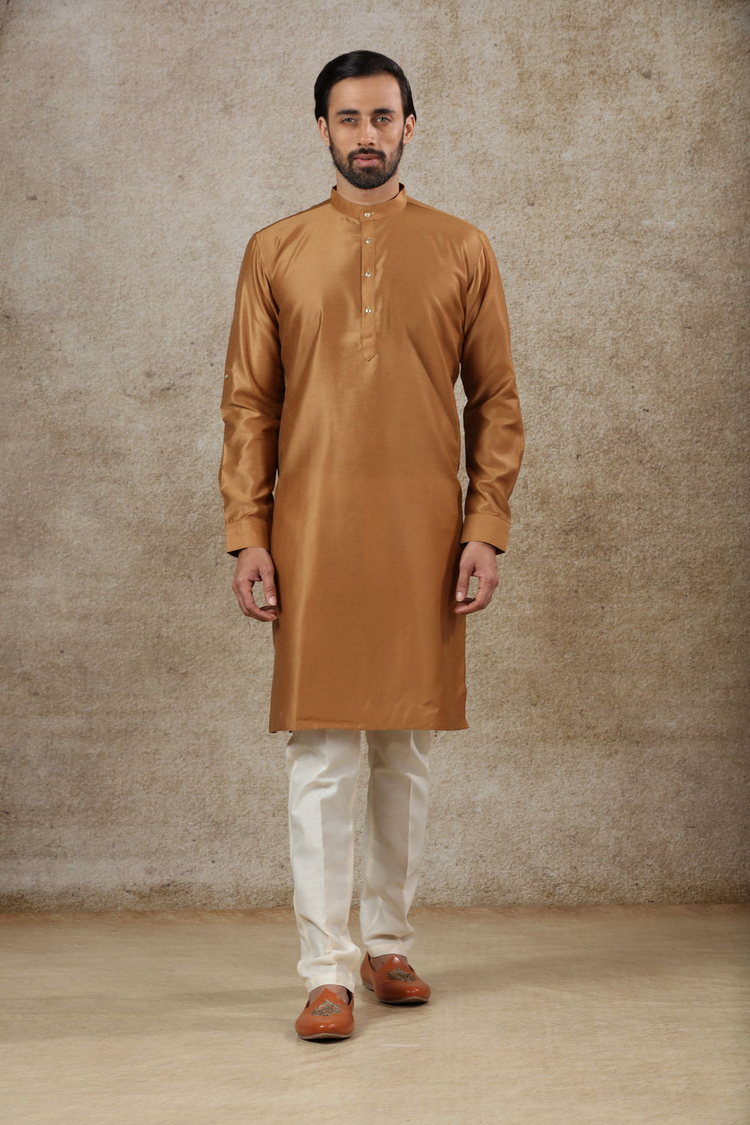 Ajay Arvindbhai Khatri Men's Light Brown Colour Kurta & White Color Pyjama Set
