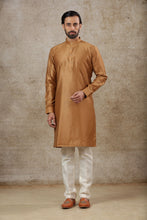 Load image into Gallery viewer, Ajay Arvindbhai Khatri Men&#39;s Light Brown Colour Kurta &amp; White Color Pyjama Set
