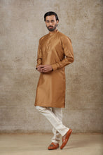 Load image into Gallery viewer, Ajay Arvindbhai Khatri Men&#39;s Light Brown Colour Kurta &amp; White Color Pyjama Set
