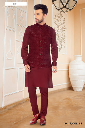 mens maroon color kurta pajama nehru jacket set 
