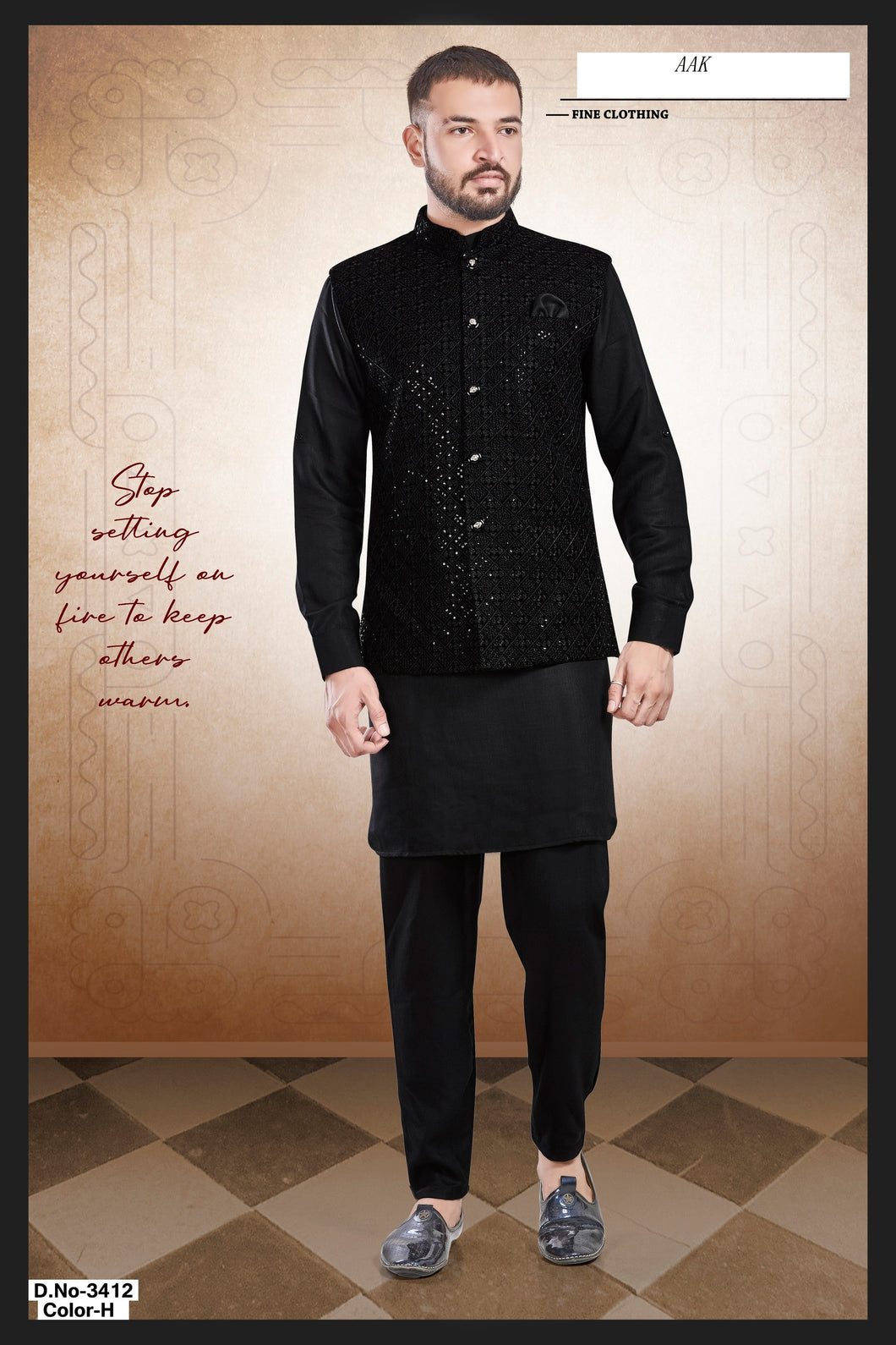 Ajay Arvindbhai Khatri Men's Dupain Silk Kurta Pajama 3 Pc. Set & Black Nehru Jacket
