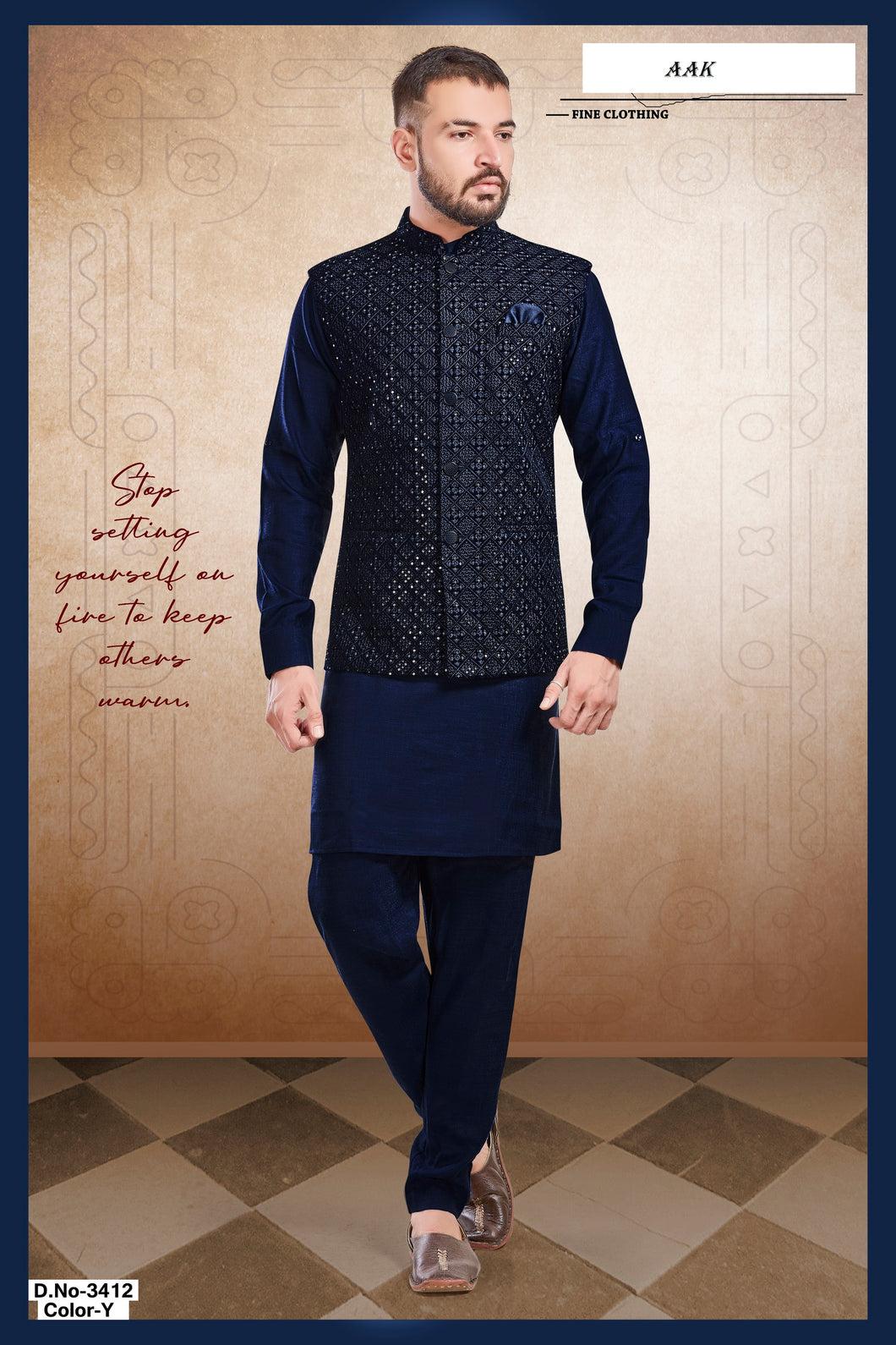 Ajay Arvindbhai Khatri Men's Dupain Silk Kurta Pajama 3 Pc. Set & Navi Blue Nehru Jacket