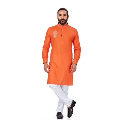 mens embroidered orange colour kurta