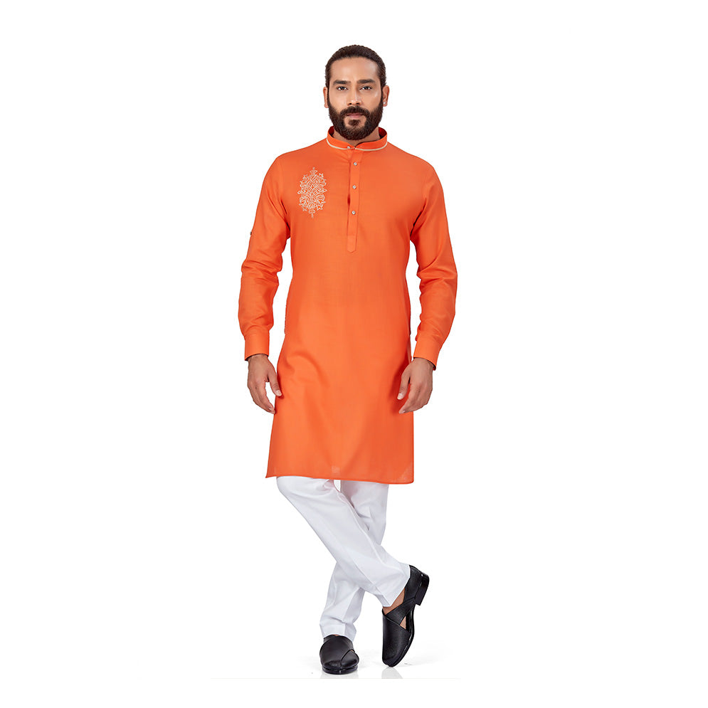 mens embroidered orange colour kurta
