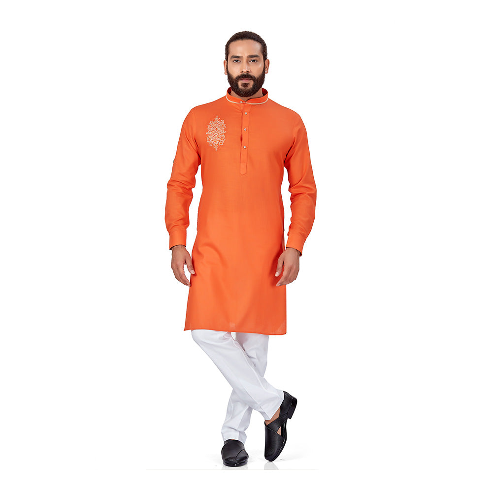 Ajay Arvindbhai Khatri Men's Cotton Embroidery Stylish kurta Orange Colour