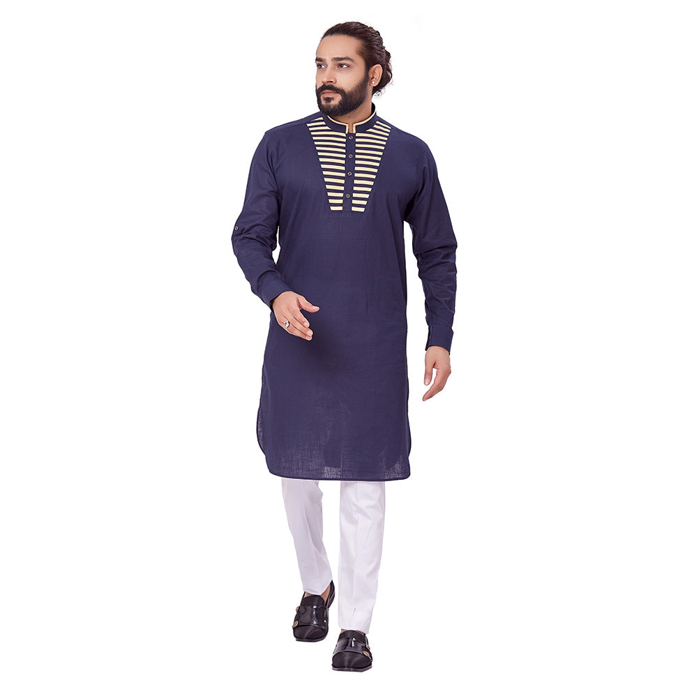 Ajay Arvindbhai Khatri Men's Pure Cotton Regular Chest Pattern Kurta Navy_Blue Colour