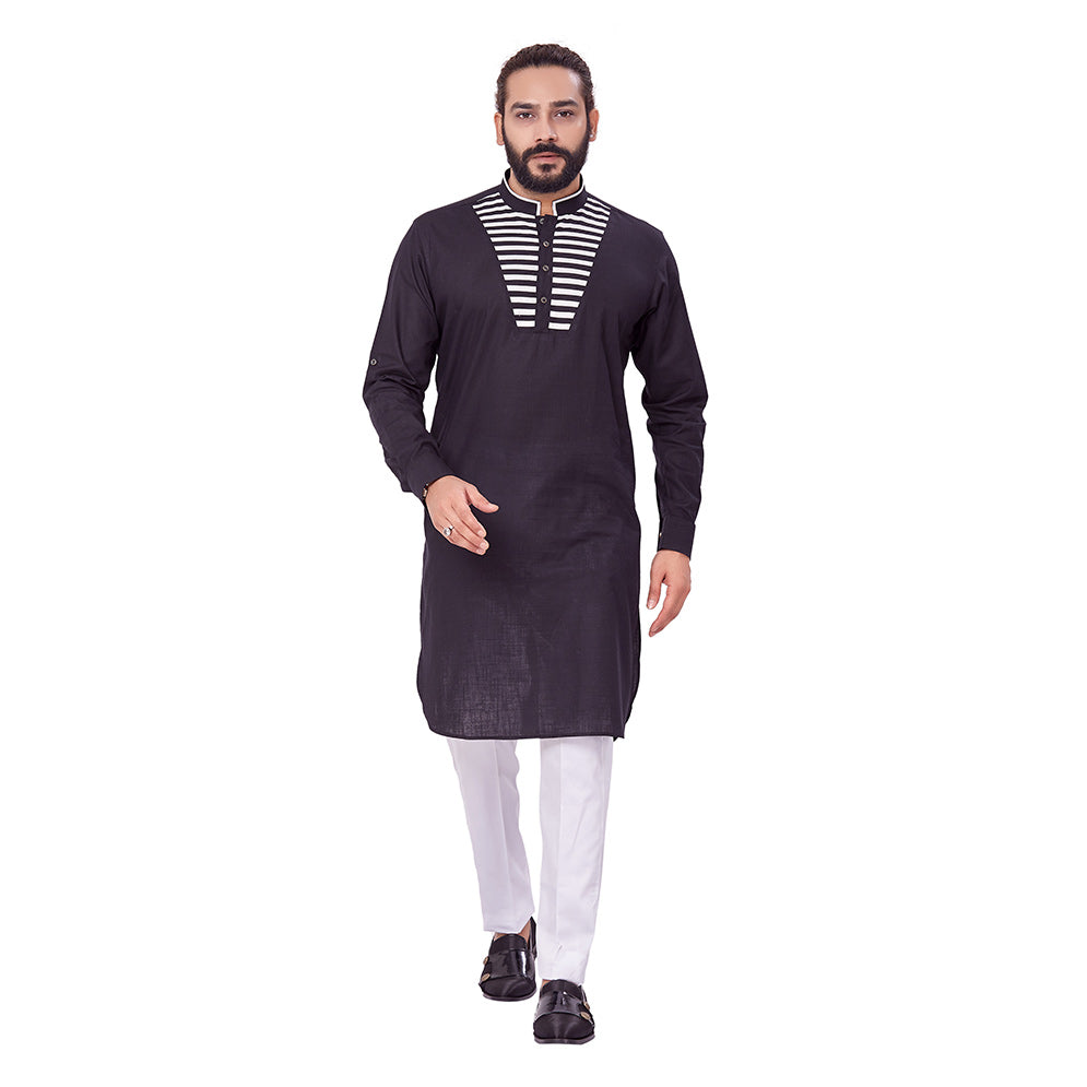 Ajay Arvindbhai Khatri Men's Pure Cotton Regular Chest Pattern Kurta Black Colour