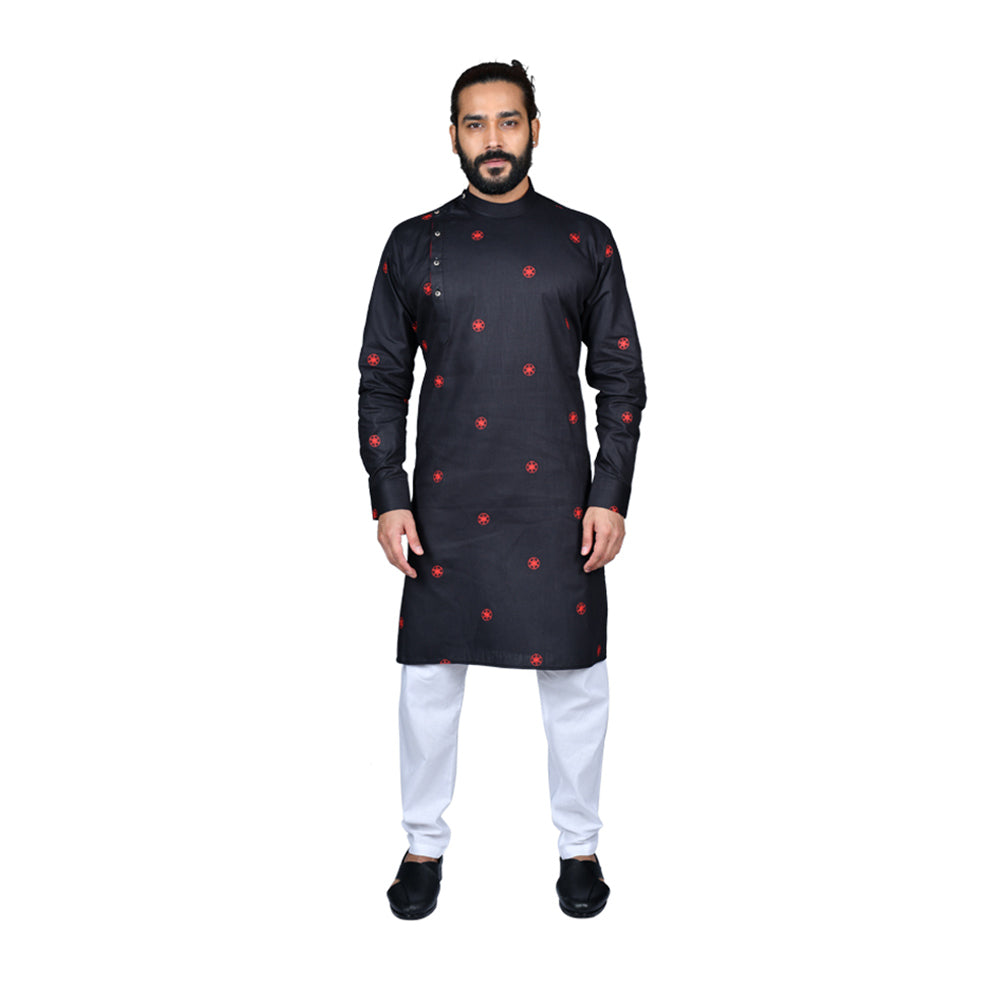 Ajay Arvindbhai Khatri Men's Poly Cotton Straight flower booti work Kurta BLACK Colour