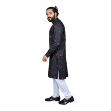 Load image into Gallery viewer, Ajay Arvindbhai Khatri Men&#39;s Poly Cotton Straight flower booti work Kurta BLACK Colour
