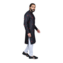 Load image into Gallery viewer, Ajay Arvindbhai Khatri Men&#39;s Poly Cotton Straight flower booti work Kurta BLACK Colour
