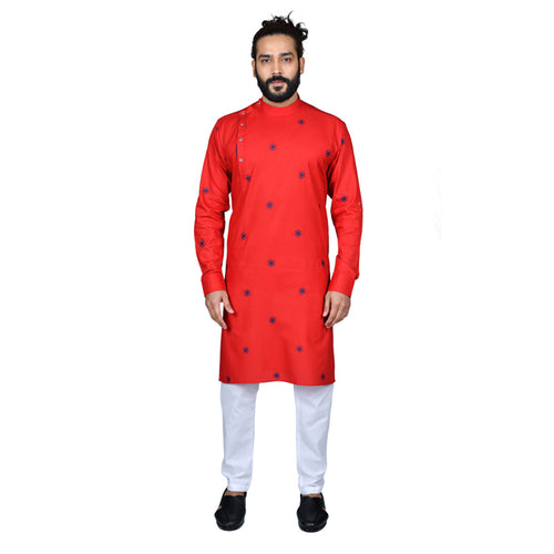 mens red color poly cotton kurta