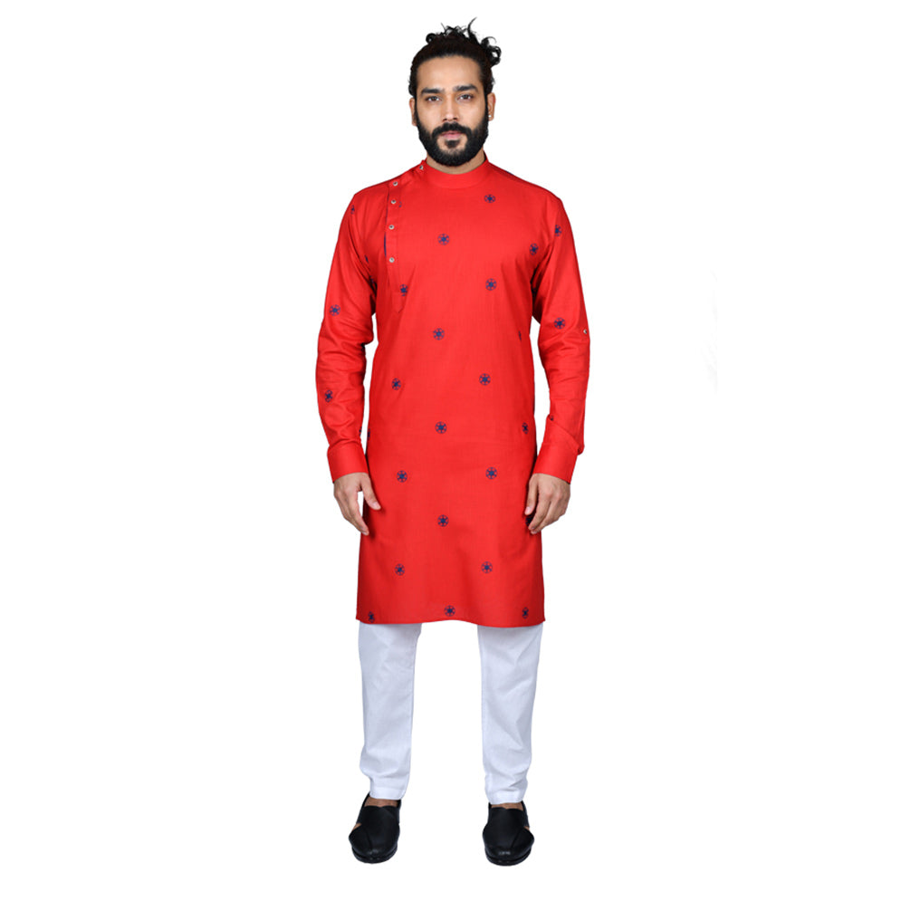 Ajay Arvindbhai Khatri Men's Poly Cotton Straight flower booti work Kurta RED Colour