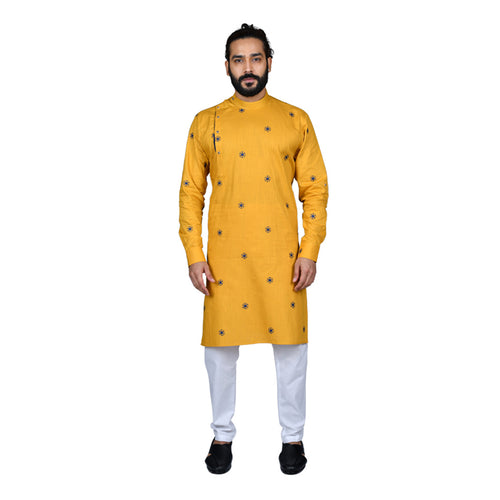 mens yellow color poly cotton kurta