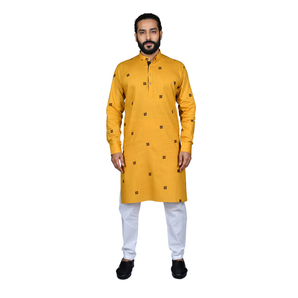 Ajay Arvindbhai Khatri Men's Poly Cotton Straight Booti work Kurta Mustard Colour