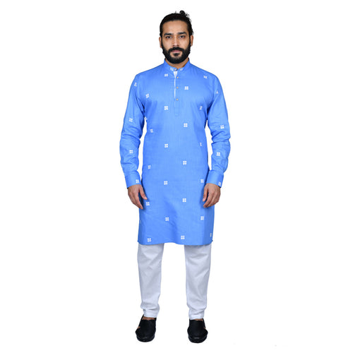 mens sky blue color poly cotton kurta