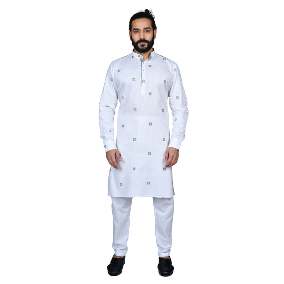 Ajay Arvindbhai Khatri Men's Poly Cotton Straight Booti work Kurta White Colour