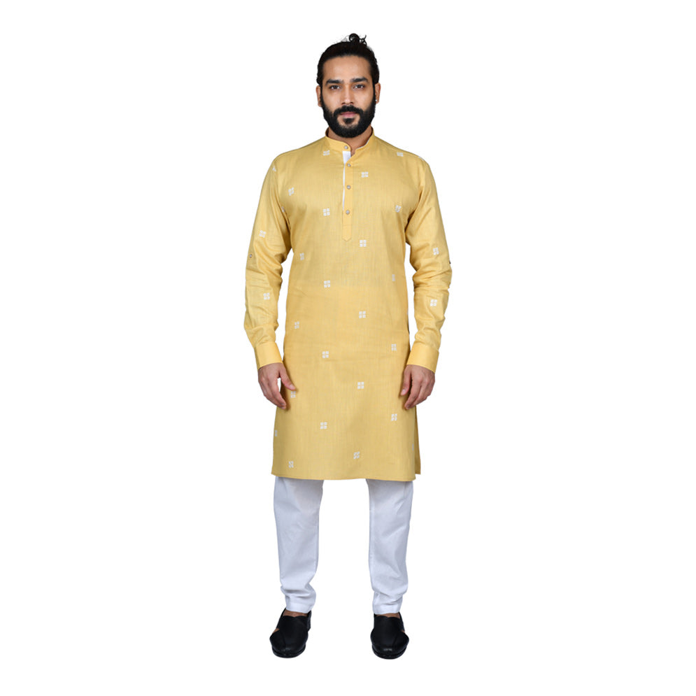 mens yellow color poly cotton kurta