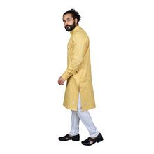 Load image into Gallery viewer, Ajay Arvindbhai Khatri Men&#39;s Poly Cotton Straight Booti work Kurta Yellow Colour
