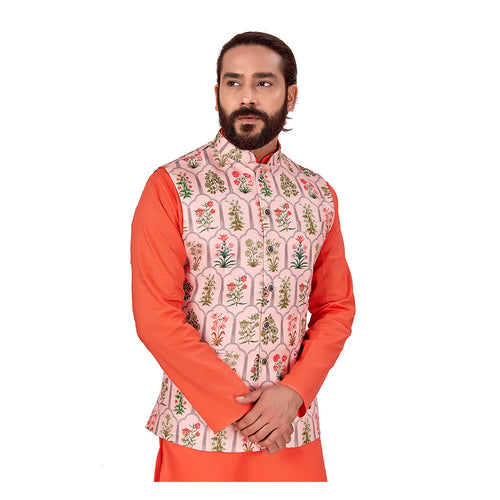 mens peach orange color regular nehru jacket or modi jacket