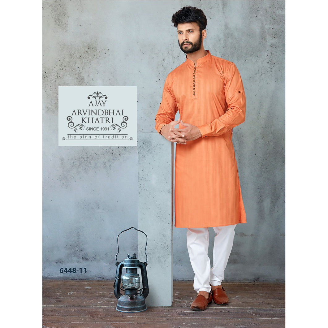 Ajay Arvindbhai Khatri Men's Orange Colour Kurta & White Pyjama Set