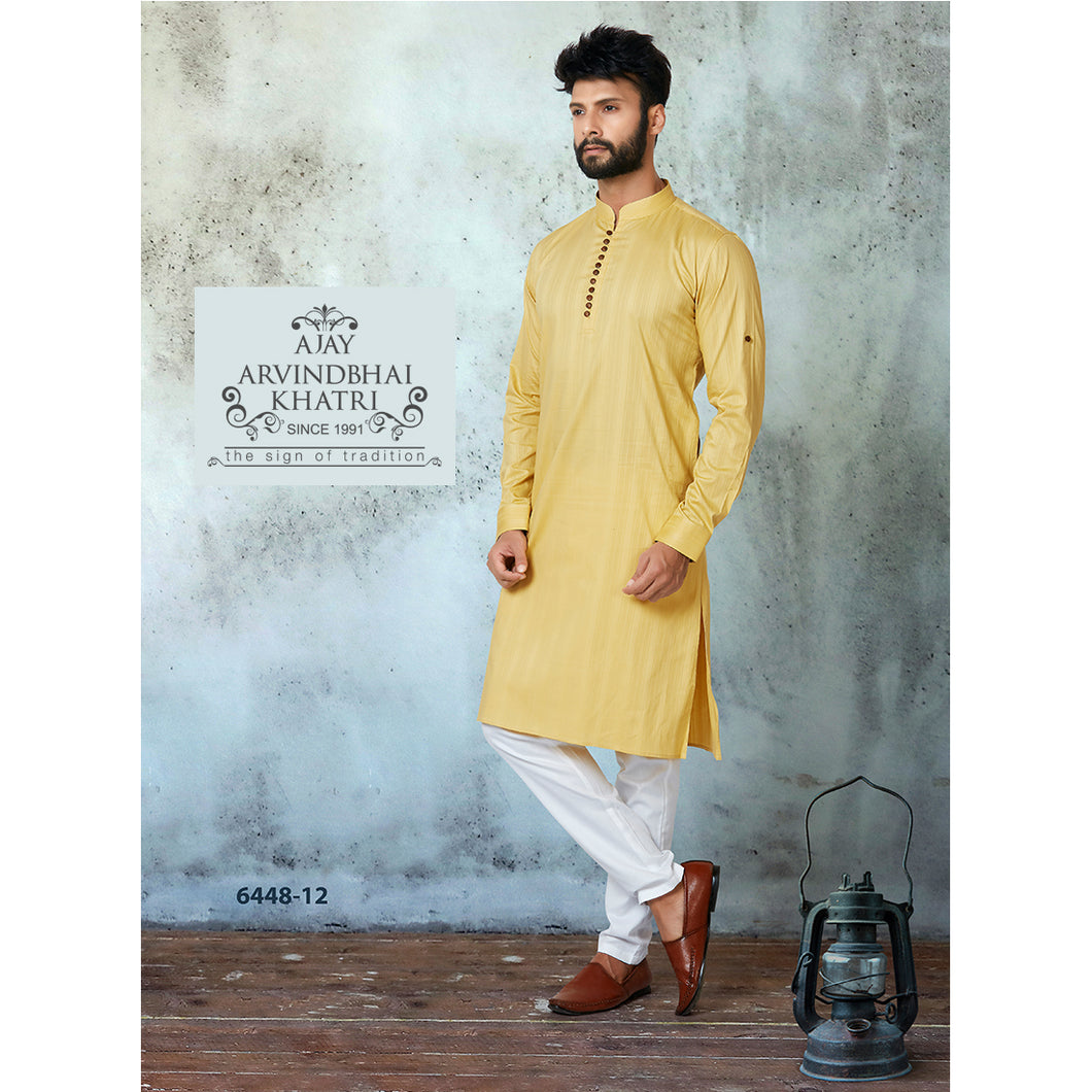 Ajay Arvindbhai Khatri Men's Lemon Colour Kurta & White Pyjama Set