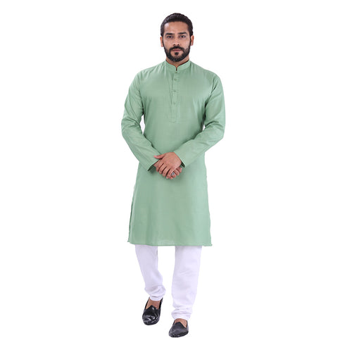 mens pista green color cotton regular kurta