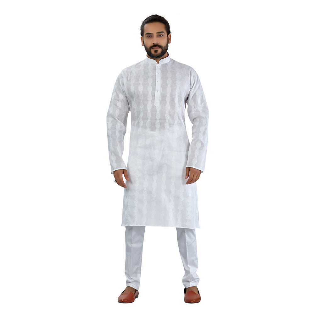 Ajay Arvindbhai Khatri Men's Pure Cotton Regular brasso design kurta White Colour