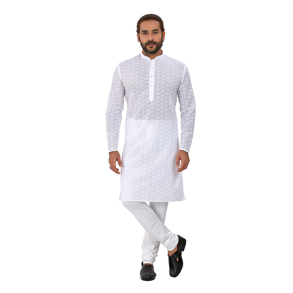 Ajay Arvindbhai Khatri Men's Pure Cotton Regular Kurta White_Hexagon Colour