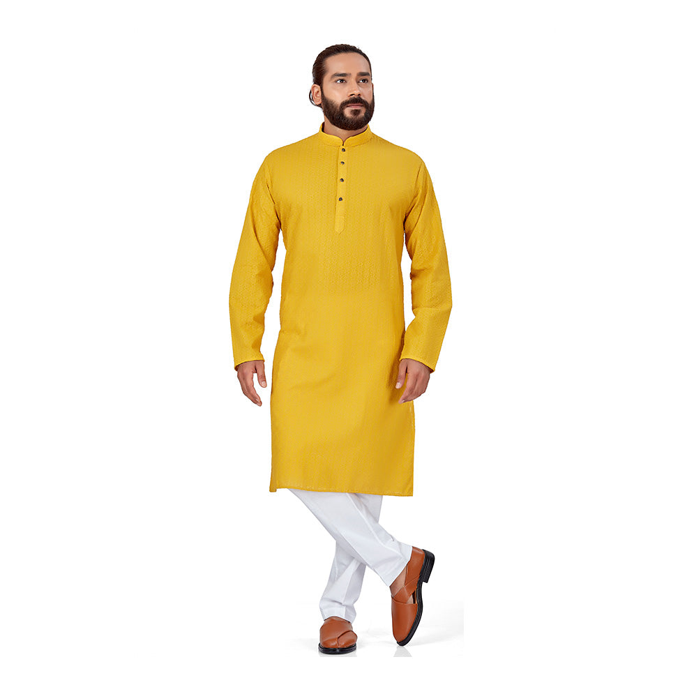 Ajay Arvindbhai Khatri Men's Pure Cotton Chikan Embroidery kurta Yellow Colour