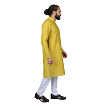 Load image into Gallery viewer, Ajay Arvindbhai Khatri Men&#39;s Pure Cotton Regular Chikan embroidery kurta Yellow Colour
