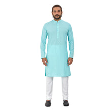 Load image into Gallery viewer, Men&#39;s pure cotton straight Lucknowi chikankari Kurta Firozi Colour
