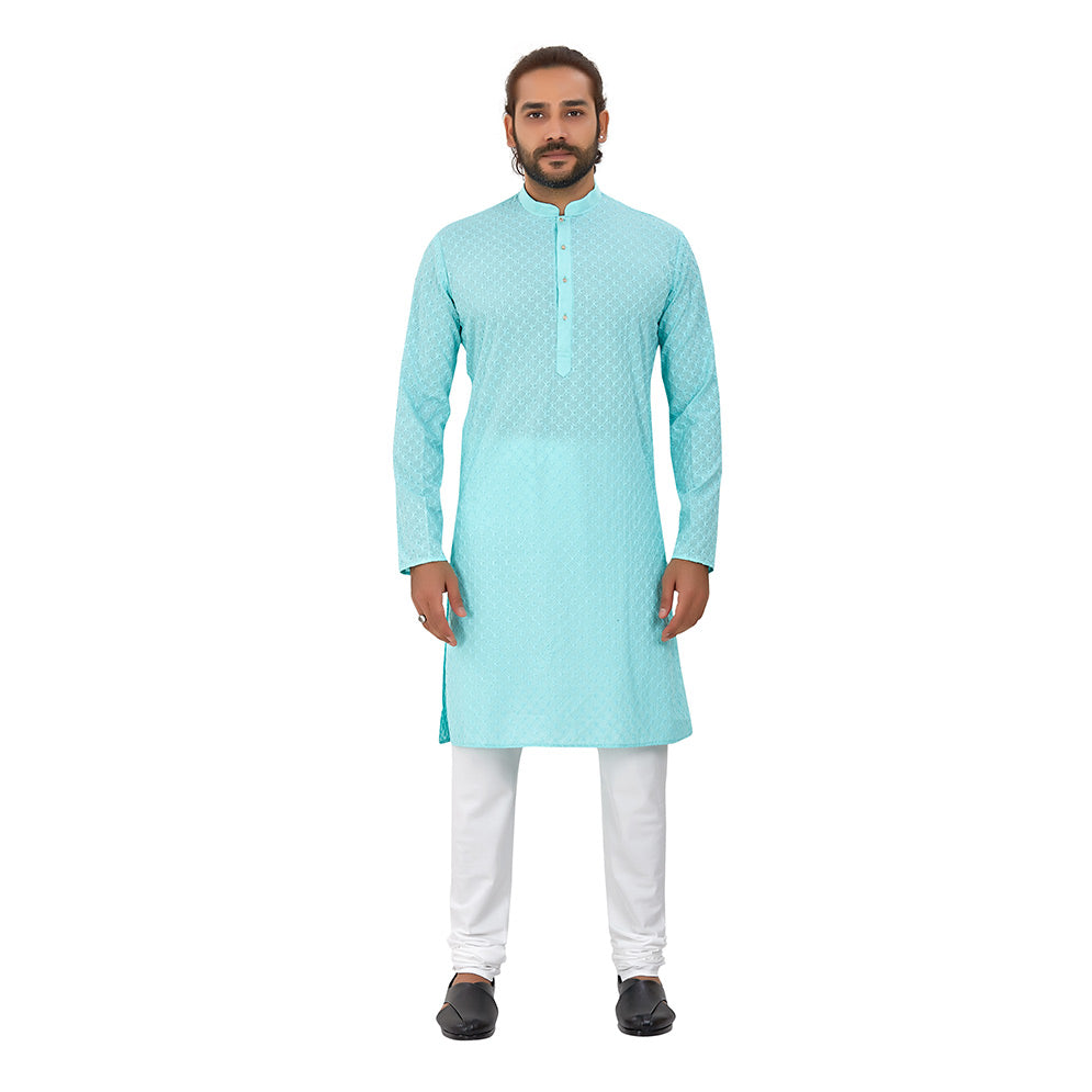 Men's pure cotton straight Lucknowi chikankari Kurta Firozi Colour