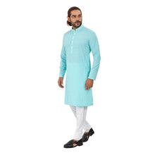 Load image into Gallery viewer, Men&#39;s pure cotton straight Lucknowi chikankari Kurta Firozi Colour
