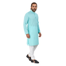 Load image into Gallery viewer, Men&#39;s pure cotton straight Lucknowi chikankari Kurta Firozi Colour
