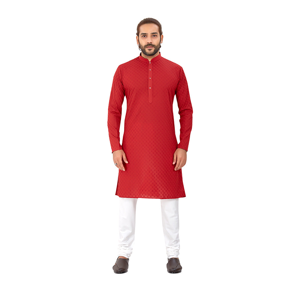 Men's pure cotton straight Lucknowi chikankari Kurta Maroon Colour