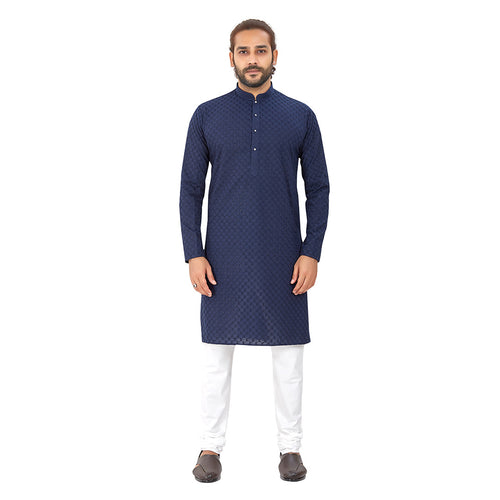mens navy blue color cotton lucknowi kurta
