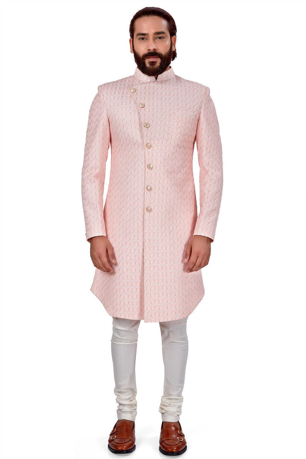 Ajay Arvindbhai Khatri Men's Indo Western Navabi Pink Color side button