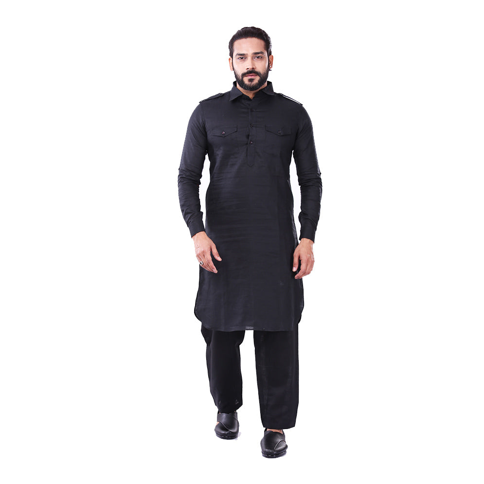 Ajay Arvindbhai Khatri Men's Pure Cotton Regular Pathani Suit Set BLACK Colour
