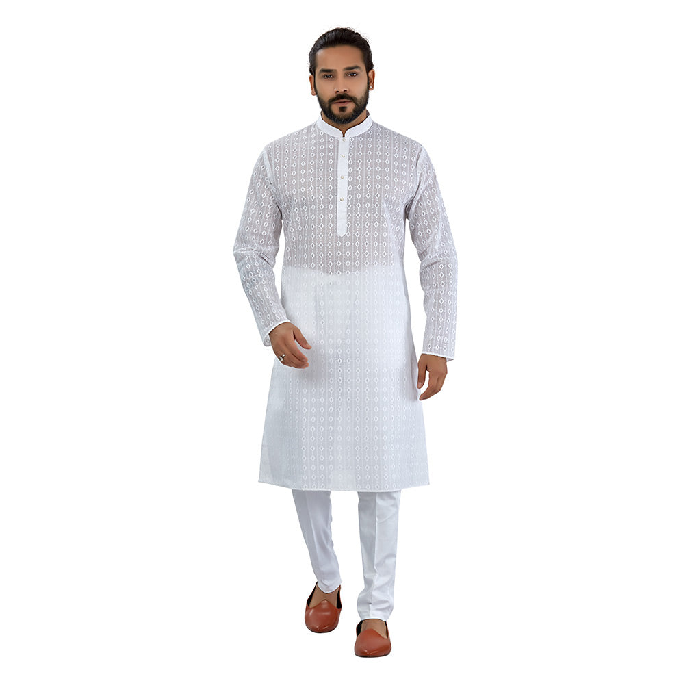 Ajay Arvindbhai Khatri Men's Pure Cotton Regular Chikan embriodery kurta White Colour