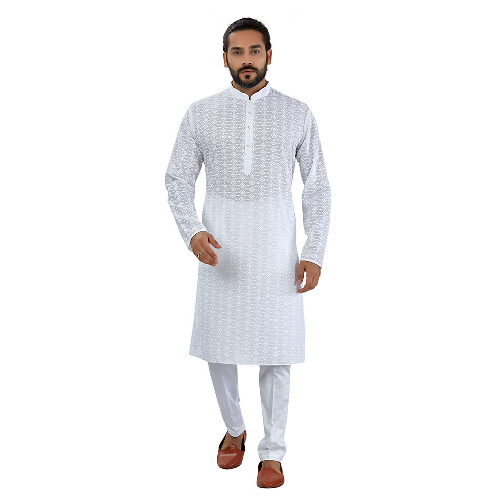 Ajay Arvindbhai Khatri Men's Pure Cotton Regular Chikankari embriodery kurta White Colour