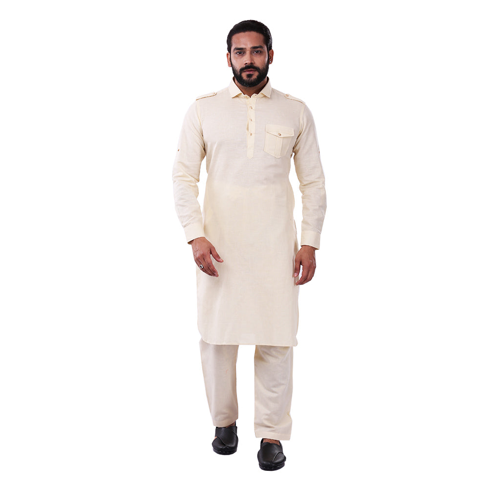 Ajay Arvindbhai Khatri Men's Pure Cotton Regular Pathani Suit Set CREAM Colour