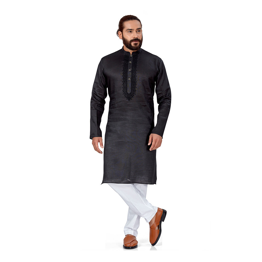 Ajay Arvindbhai Khatri Men's Pure Cotton Linen Embroidery Kurta Black Colour