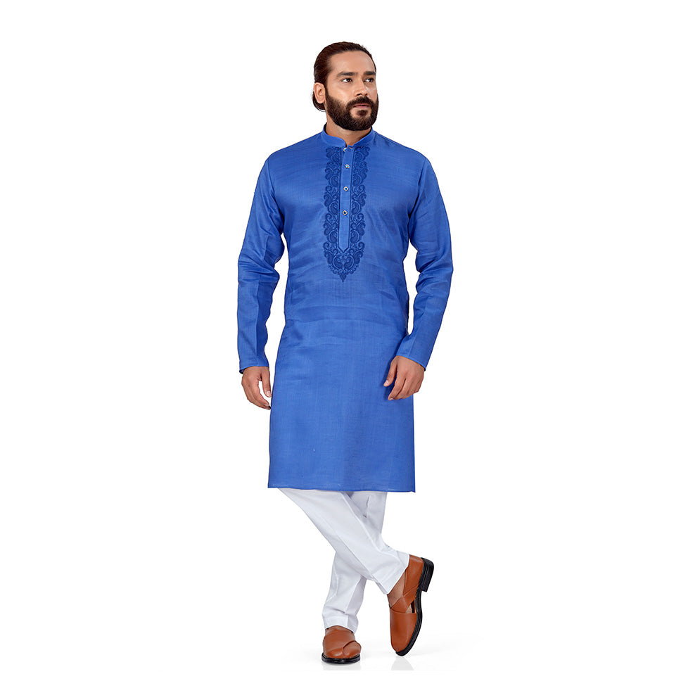 Ajay Arvindbhai Khatri Men's Pure Cotton Linen Embroidery Kurta Blue Colour
