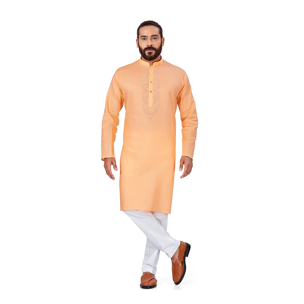 Ajay Arvindbhai Khatri Men's Pure Cotton Linen Embroidery Kurta Light Orange Colour