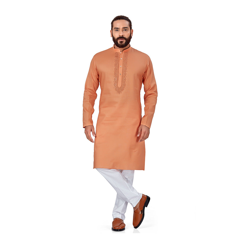 Ajay Arvindbhai Khatri Men's Pure Cotton Linen Embroidery Kurta Light Rust Colour