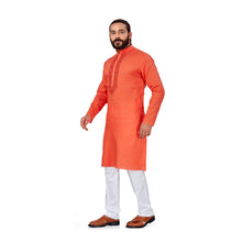 Load image into Gallery viewer, Ajay Arvindbhai Khatri Men&#39;s Pure Cotton Linen Embroidery Kurta Tomato Red Colour

