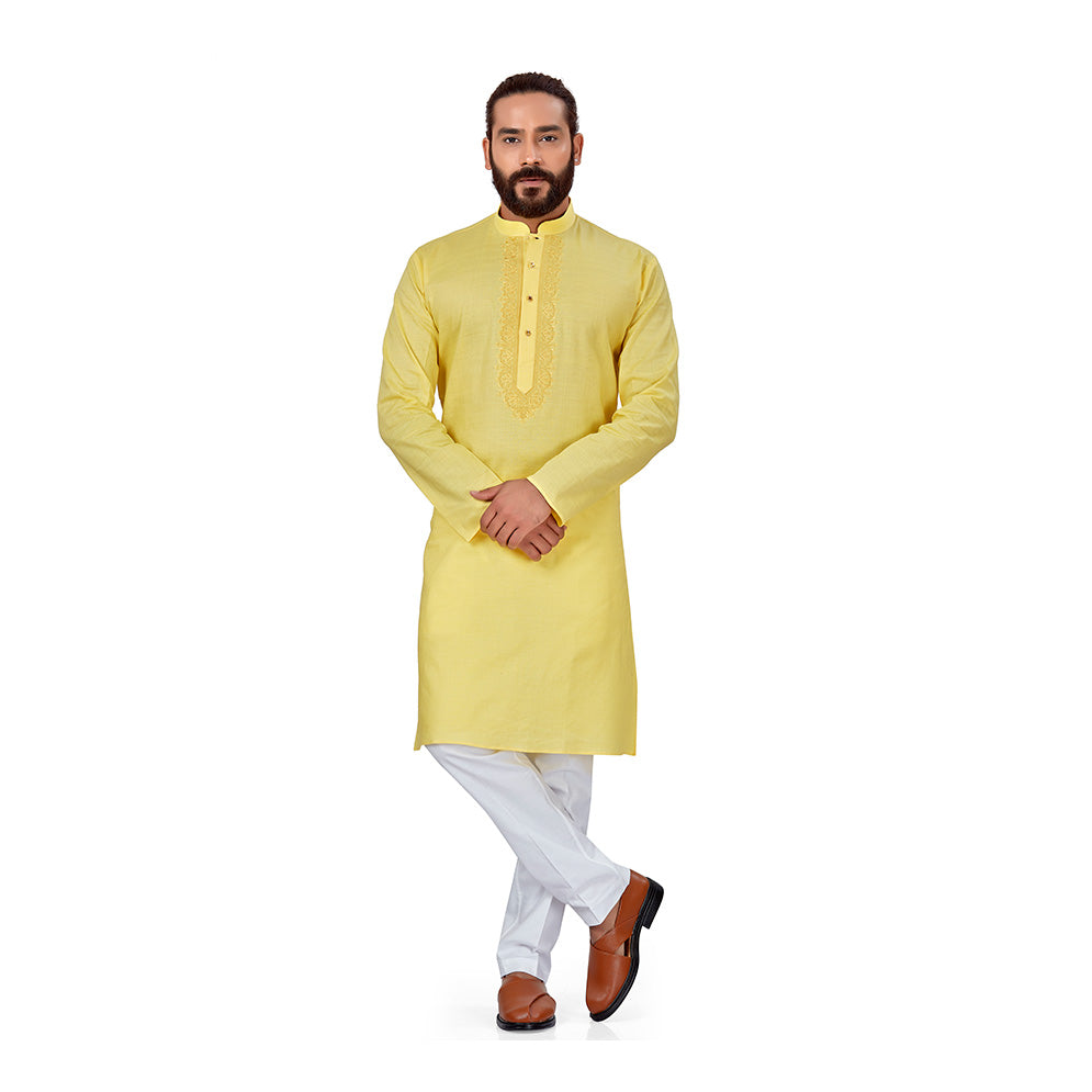 Ajay Arvindbhai Khatri Men's Pure Cotton Linen Embroidery Kurta Yellow Colour